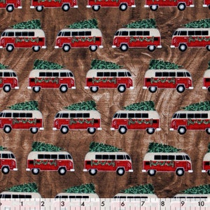 Vintage Bus Christmas Quilting Fabric - 100% cotton -  BY THE 1/2 YARD