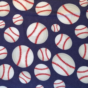 May include: A pattern of white baseballs with red stitching on a dark blue background. The baseballs vary in size and are scattered across the fabric, creating a playful and sporty design. Ideal for sports-themed projects.