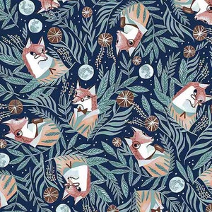 Starstuff Foxy on Navy by Dear Stella Halloween Quilting Fabric- 100 % cotton - quilting; crafts -  BY THE 1/2 YARD