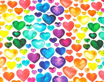 Watercolor Rainbow Valentine's Day Hearts Quilting Fabric - 100 % cotton - quilting; crafts -  BY THE 1/2 YARD