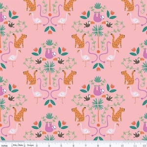 May include: A pink fabric with a repeating pattern of jungle animals, including sloths, toucans, flamingos, jaguars, and palm trees. The pattern is symmetrical and features a variety of colours, including pink, orange, green, and blue.