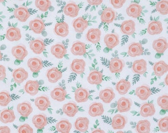 Peach Floral Flannel Fabric - 100% cotton -  BY THE 1/2 YARD