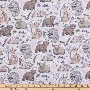 Forest Animal Nursery Print - Flannel Fabric - 100% cotton - by the YARD - Fox, raccoon, bear, rabbit - DAMAGED see photos