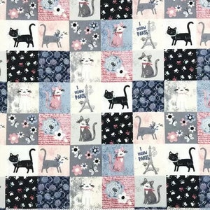 Cats on Patchwork - I Meow Paris Block - Flannel Fabric - 100% cotton -  BY THE 1/2 YARD