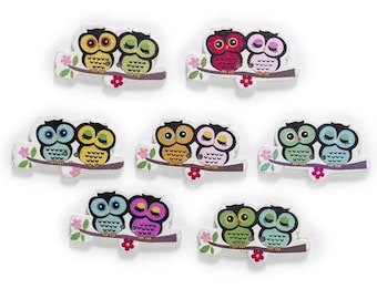 Owls on Branch Wooden Buttons - Set of 6 - for scrapbooking, sewing, arts & crafts