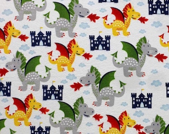 Dragons and Castles on White - Flannel Fabric - 100% cotton -  By the 1/2 yard - fantasy