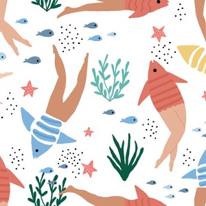 May include: A seamless pattern featuring a whimsical underwater scene with stylized fish, seaweed, and starfish. The fish are depicted as humans with fish tails, wearing striped swimsuits. The colors are bright and playful, with shades of blue, pink, orange, and green.