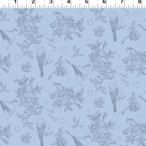 Pen Pal Birds on Blue Quilting Fabric - 100% cotton -  1/2 YD CUTS