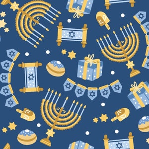 Happy Hanukkah! by Clementine & Fiona Quilting Fabric - 100% cotton - great for crafting, etc. - Sold by the 1/2 yard