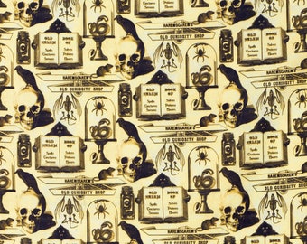 Old Curiosity Shoppe Halloween Print Quilting Fabric - 100% cotton -  BY THE 1/2 YARD - Skull, spider
