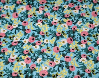 Small Pink and White Floral on Blue Quilting Fabric - 100% cotton -  by the 1/2 yard
