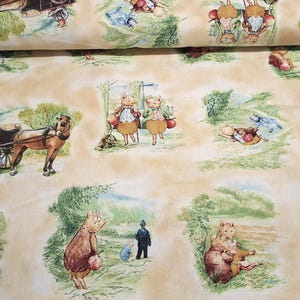 May include: Fabric with a repeating pattern of cartoon pigs in a pastoral setting. The illustrations feature pigs with baskets, carts, and interacting in a field. The color palette includes beige, green, brown, and blue.