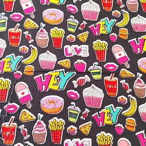 Treats and Sweets on Black Quilting Fabric by Fabric Editions - 100% cotton -  1/2 YD CUTS