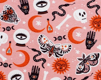 Spooky Pink Halloween Icons Flannel Fabric - 100% cotton -  by the 1/2 yard Super Snuggle