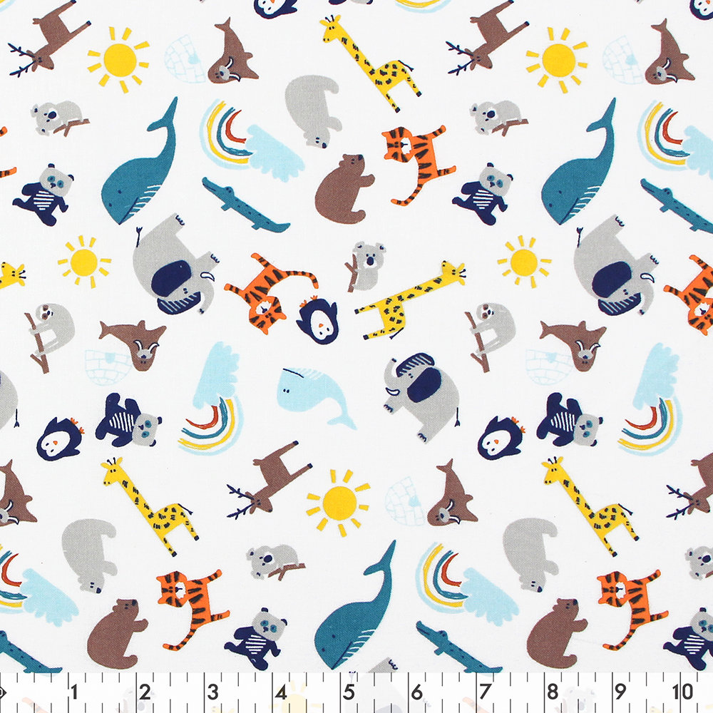 Mélange animal bleu sur blanc par Fabric Editions - Tissu de flanelle - 100 % coton - 1/2 YARD