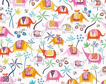 Elefantes en las Rutas de la Seda Blanca 1827 de Dashwood Studio - 100 % algodón - para acolchado, manualidades, decoración del hogar y proyectos artísticos