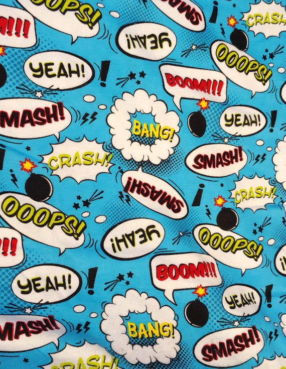 Smash Crash Bang Comic Book Word Bubbles Flannel Fabric 