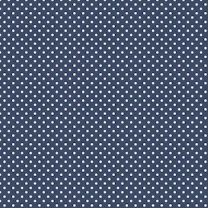 May include: A navy blue background with a repeating pattern of white polka dots.