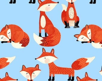 Foxes on Blue by A.E. Nathan Flannel Fabric - 100% cotton -  BY THE 1/2 YARD N-0969-11