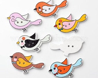 May include: Six wooden bird buttons with different colors and designs. The buttons have two holes for sewing.