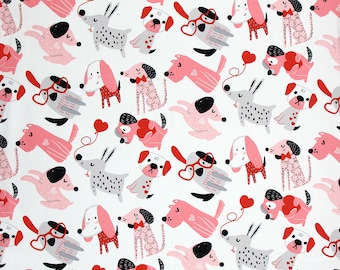 Giant Valentine's Day Dogs on White Quilting Fabric - 100 % cotton - quilting; crafts -  BY THE 1/2 YARD