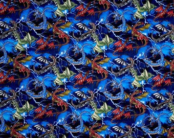 Dragons on Navy Print - Flannel Fabric - 100% cotton -  BY THE 1/2 YARD - fantasy
