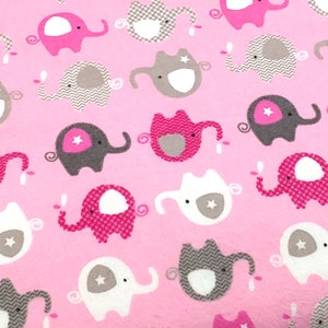 Elephants on Pink Flannel Fabric - 100% cotton - BY THE 1/2 YARD