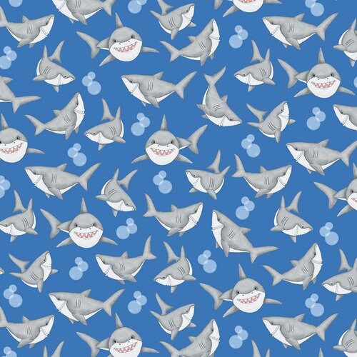 2 Yards Blue With Gray Happy Sharks and Bubbles Toss Flannel Fabric 