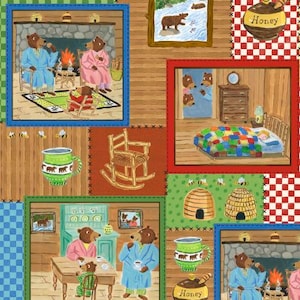 May include: A colourful patchwork quilt featuring various scenes with bears, honey pots and beehives. The quilt is made up of different squares with different designs. The quilt is ideal for a child's room or a nursery.