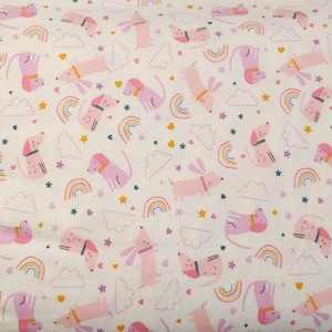 Tossed Rainbows & Pink Dogs on White - Flannel Fabric - 100% cotton -  BY THE 1/2 YARD