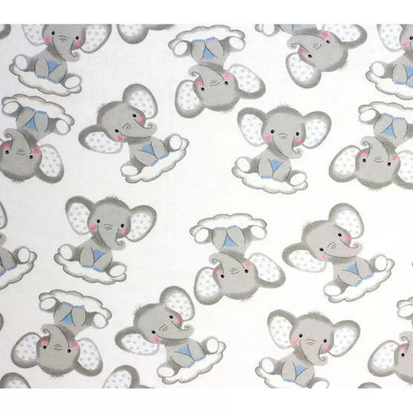Sleepy Elephants on Clouds Super Snuggle Nursery Flannel Fabric - 100% cotton - BY THE 1/2 YARD