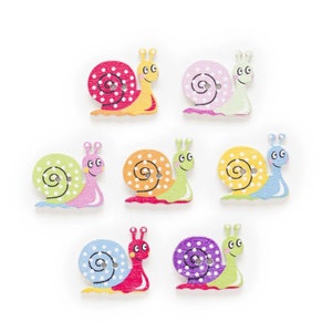May include: Seven colorful wooden snail buttons with white polka dots. Each snail has a different color shell and a smiling face.