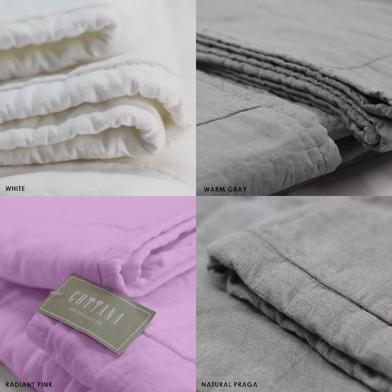 May include: Four folded linen quilt blankets in different colours: white, warm grey, radiant pink, and natural Praga. The blankets are made of a soft, textured fabric and have a simple, elegant design.