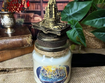 Candle The magic of words – Journey without limits - with fantastic castle that comes out of an old grimoire storybook