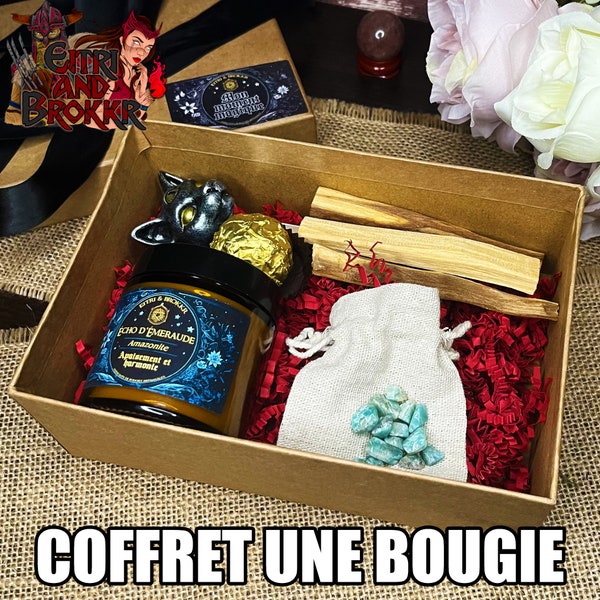 Coffret “Mon moment magique” 1 bougies : 1 bougie avec pierres + palo santo + marque page + gourmandise