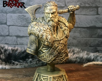 Viking Bust - Nordic Warrior after battle, gold colored resin statuette handmade decoration ragnar valhalla thor