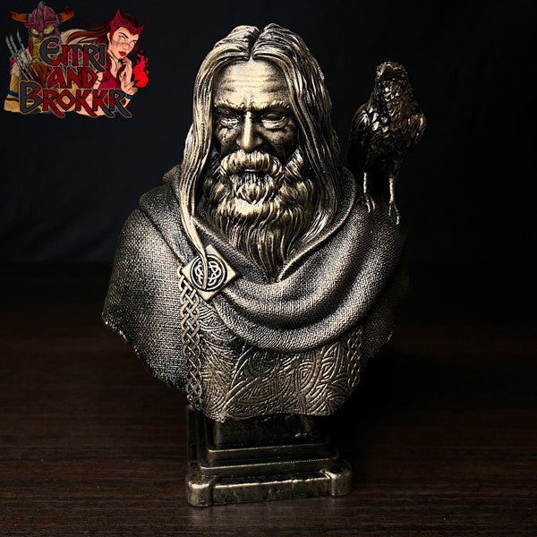 Buste de Odin, le roi des dieux nordiques avec son corbeau, statuette en résine couleur bronze décoration main viking ragnar valhalla thor