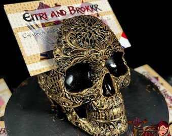 Skull shaped business card holders / display stand bronze effect tattoo artist accessory trader presentation handmade
