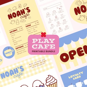 May include: A printable bundle for a play cafe featuring various sheets with the text Noah's Cafe and Play Cafe. The collection includes menus, order forms, loyalty cards, and open signs in yellow, blue, and pink with brown line art illustrations.