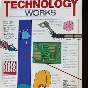 May include: A book cover with a colorful illustration of different technologies, including robots, lasers, satellites, and cable TV. The title of the book is "The Way the New Technology Works" by Ken Marsh.