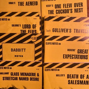 Może przedstawiać: Stos żółtych i czarnych książek Cliffs Notes z tytułami takimi jak "Eneida", "Lot nad gniazdem kukułki", "Władca much", "Podróże Guliwera", "Wielkie nadzieje", "Babbitt", "Szklana menażeria & Tramwaj zwany pożądaniem" oraz "Śmierć komiwojażera".