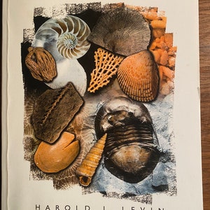 May include: Book cover with the title "Ancient Invertebrates and Their Living Relatives" by Harold L. Levin. The cover features a collage of various invertebrate fossils and shells, including a nautilus, a trilobite, and a clam.