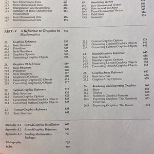 May include: A book titled "A Reference to Graphics in Mathematica" with a table of contents listing chapters and page numbers. The book covers topics such as visualizing numeric data, graphics reference, and rendering and exporting graphics.