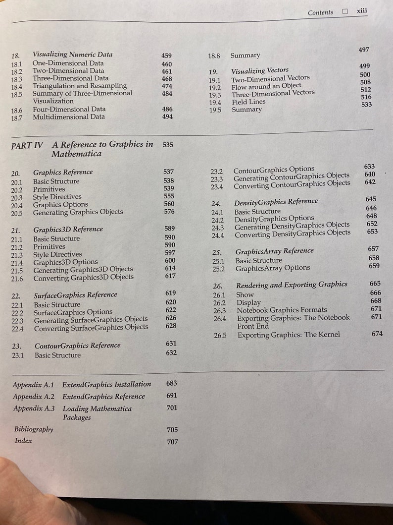 May include: A book titled "A Reference to Graphics in Mathematica" with a table of contents listing chapters and page numbers. The book covers topics such as visualizing numeric data, graphics reference, and rendering and exporting graphics.