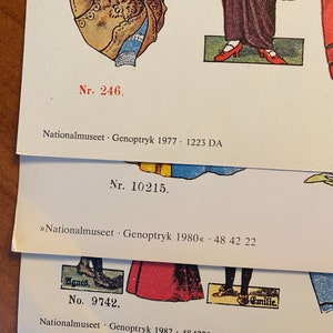 May include: Three paper dolls with text that reads "Nr. 246. Nationalmuseet Genoptryk 1977. 1223 DA", "Nr. 10215. >>Nationalmuseet Genoptryk 1980<< - 48 42 22", and "No. 9742. Nationalmuseet Genoptryk 1982. 484220".