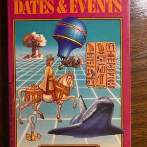 Puede incluir: Portada de libro con el título "THE SIMON & SCHUSTER YOUNG READERS' GUIDE TO DATES & EVENTS" en texto naranja y blanco sobre fondo rosa. La portada presenta ilustraciones de un globo aerostático, una persona a caballo, un transbordador espacial e jeroglíficos.