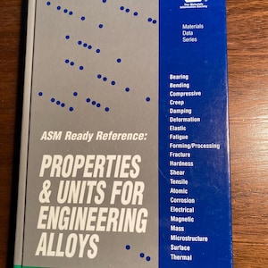 May include: A blue book titled "ASM Ready Reference: PROPERTIES & UNITS FOR ENGINEERING ALLOYS". It is part of the ASM International Materials Data Series and lists various properties of alloys, including bearing, bending, compressive, creep, damping, deformation, elastic, fatigue, forming/processing, fracture, hardness, shear, tensile, atomic, corrosion, electrical, magnetic, mass, microstructure, surface, and thermal.