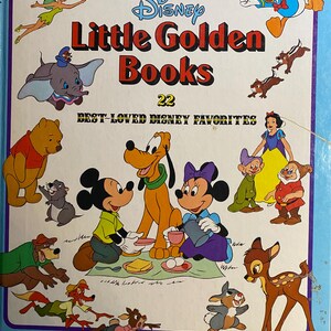 May include: A vintage "A Treasury of Disney Little Golden Books" book cover. The cover features illustrations of Disney characters like Mickey Mouse, Minnie Mouse, Donald Duck, and Bambi. The title is in red and blue, with the number 22 and the text "Best-Loved Disney Favorites".