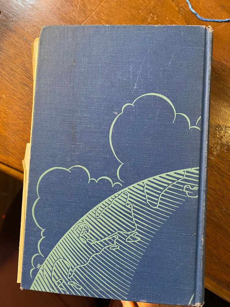 Op de afbeelding: Een blauw hardback boek met een groene en witte illustratie van een wereldbol en wolken op de omslag.