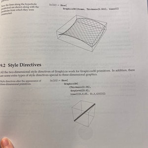 May include: A 3D graphic of a hyperbolic paraboloid with a grid pattern. The graphic is created using the Mathematica programming language. The code for the graphic is shown in the image.